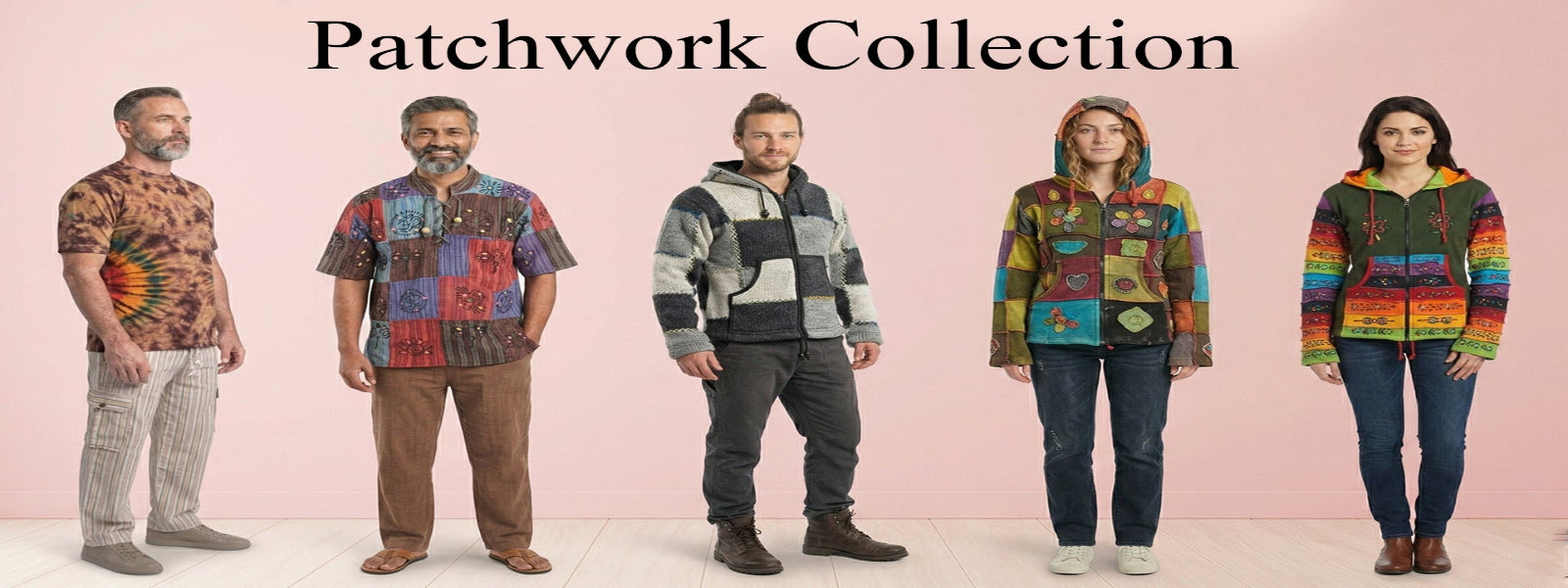 Five people wearing colorful patchwork clothing with a pink background and 'Patchwork Collection' text.