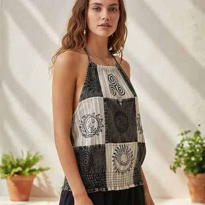Women’s Boho Patchwork Halter Neck Cotton Hippie Sleeveless Lightweight Summer Tank Top