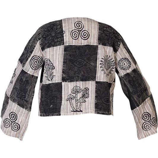 Womens Patchwork Ethnic Print Boho Cotton Long Bell Sleeve Bohemian V Neck Summer Tops