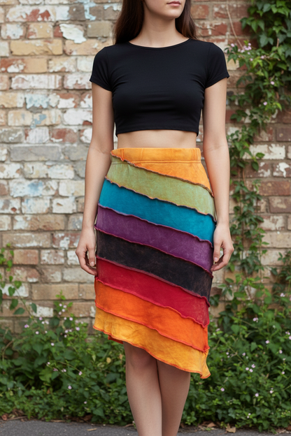 Women Summer Hippie Rainbow Striped Stonewashed Cotton Midi Boho Skirt