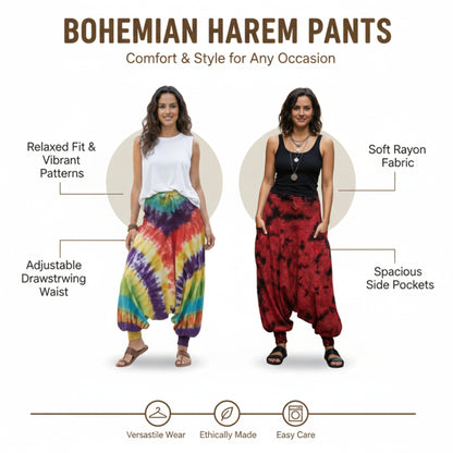 Tie Dye Harem Pants, Colourful Yoga Boho Baggy Trousers Hippie Clothes