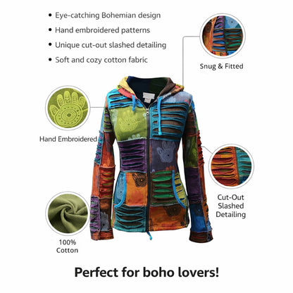 Women's Henna Hand Pixie Hippie Rib Comfort Hoodie – Boho Zip-Up Hoodie for Women