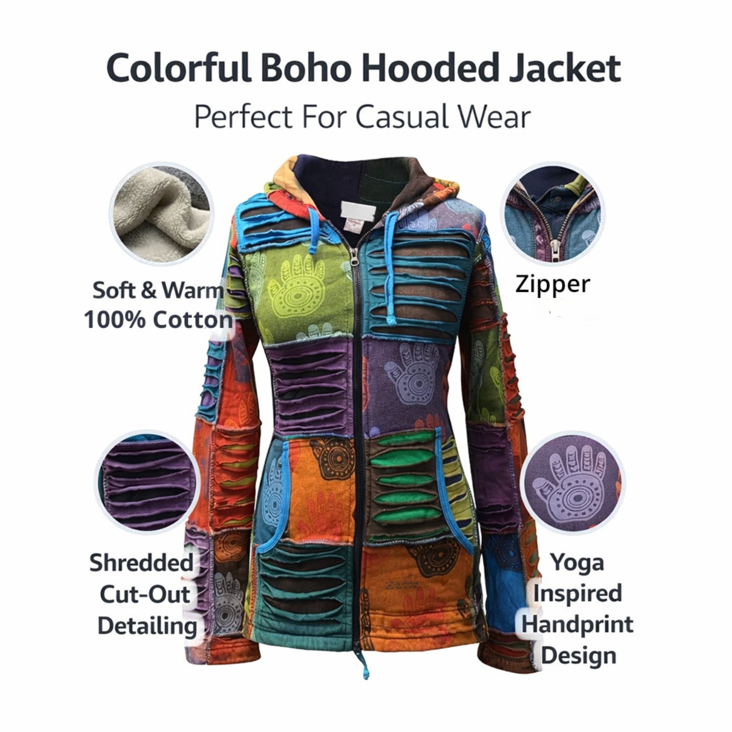 Women's Henna Hand Pixie Hippie Rib Comfort Hoodie – Boho Zip-Up Hoodie for Women