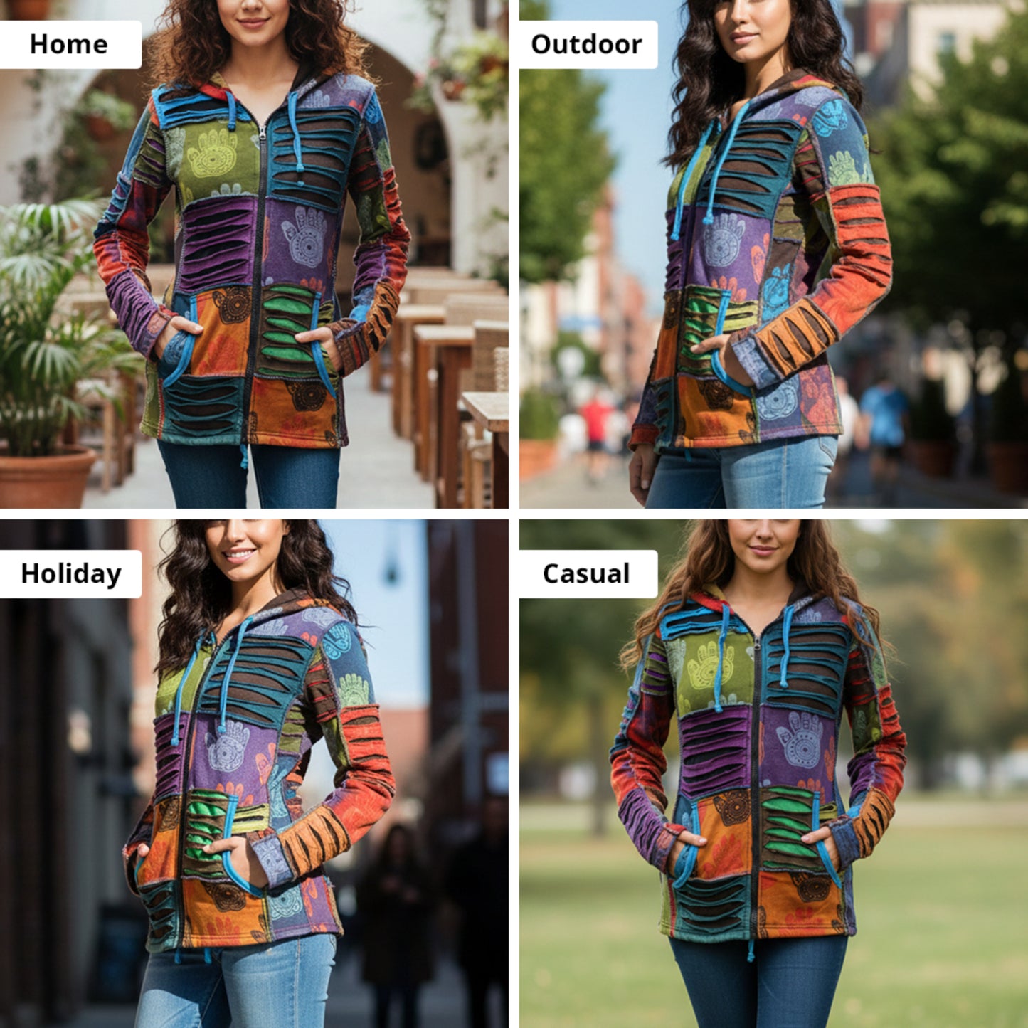 Women's Henna Hand Pixie Hippie Rib Comfort Hoodie – Boho Zip-Up Hoodie for Women