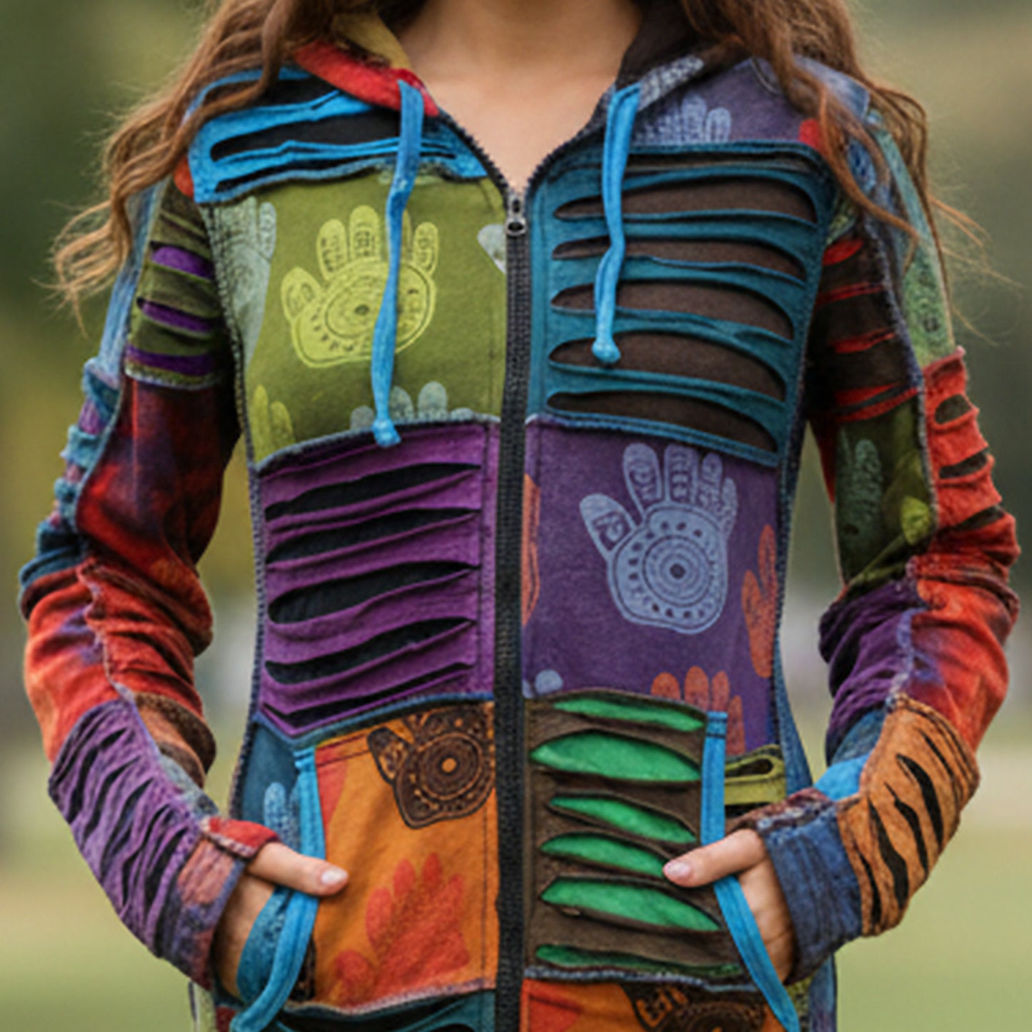 Women's Henna Hand Pixie Hippie Rib Comfort Hoodie – Boho Zip-Up Hoodie for Women
