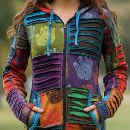 Women's Henna Hand Pixie Hippie Rib Comfort Hoodie – Boho Zip-Up Hoodie for Women