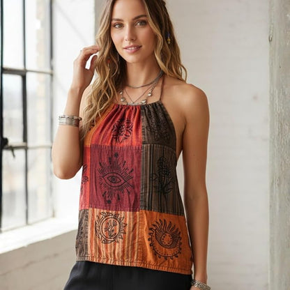 Women’s Boho Patchwork Halter Neck Cotton Hippie Sleeveless Lightweight Summer Tank Top