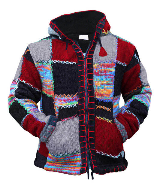 Men Double Knitted Woollen Hippie Hoodie Jacket with Fleece Lining and Vibrant Patchwork