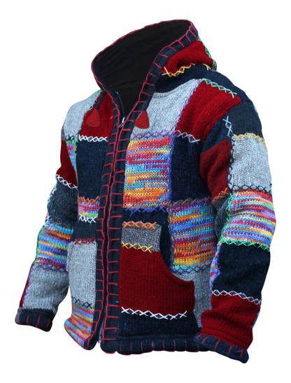 Men Double Knitted Woollen Hippie Hoodie Jacket with Fleece Lining and Vibrant Patchwork