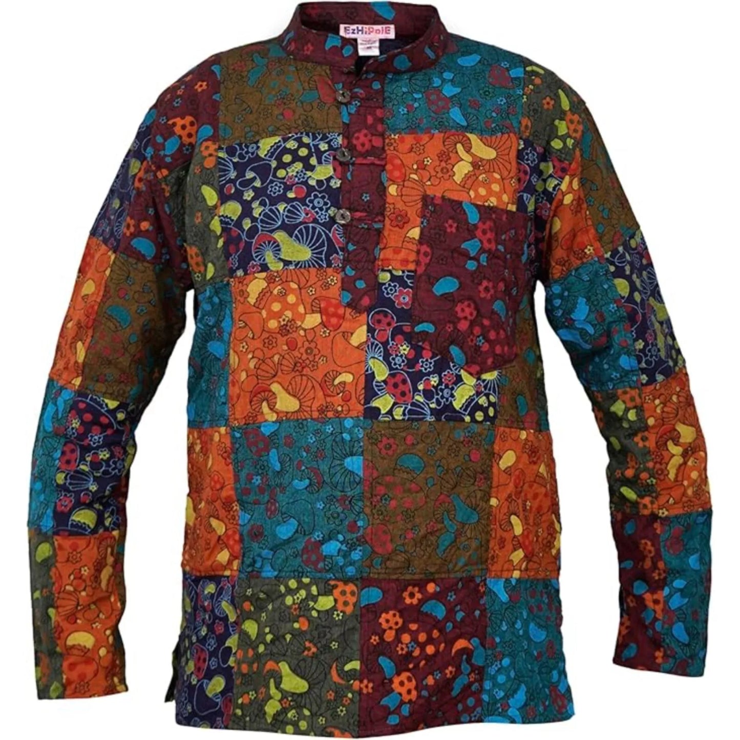 Mens Patchwork Grandad Hippie Shirt Mushroom Print Festival Clothes
