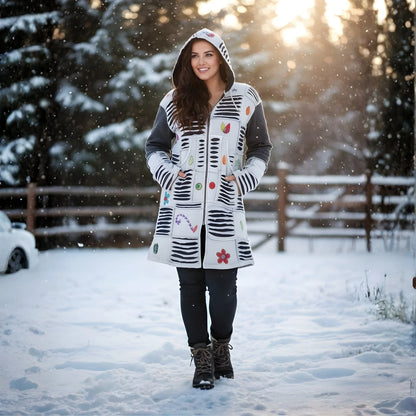 Women's Razor Cut Knee Length Hooded Floral Embroidery Gothic Long Coat