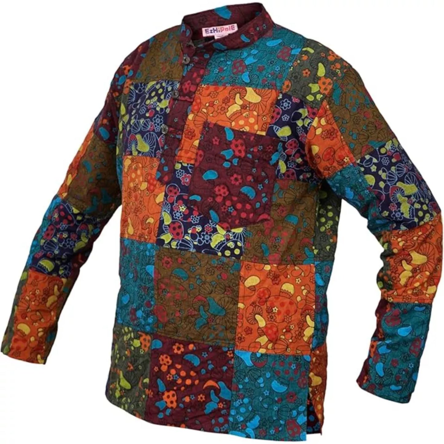 Mens Patchwork Grandad Hippie Shirt Mushroom Print Festival Clothes