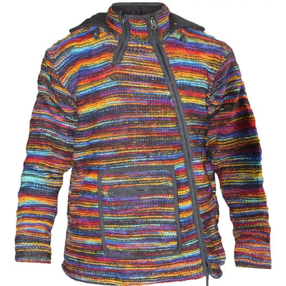 Mens Wool Fleece Lined Tie Dye Hippie Cross Neck Zipper Hooded Winter Jacket