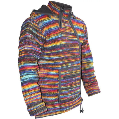 Mens Wool Fleece Lined Tie Dye Hippie Cross Neck Zipper Hooded Winter Jacket