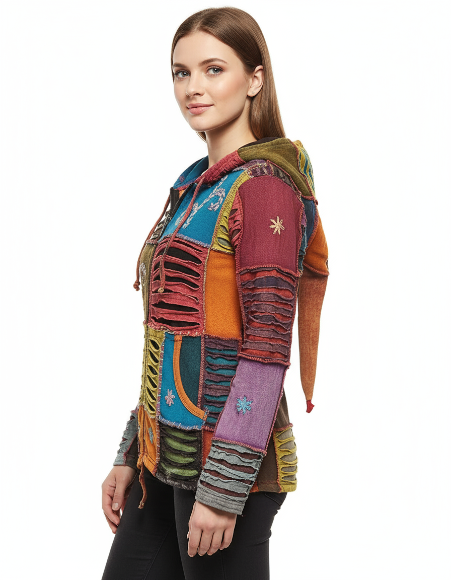 Side view of model wearing colorful boho patchwork jacket