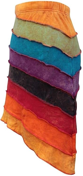 Women Summer Hippie Rainbow Striped Stonewashed Cotton Midi Boho Skirt