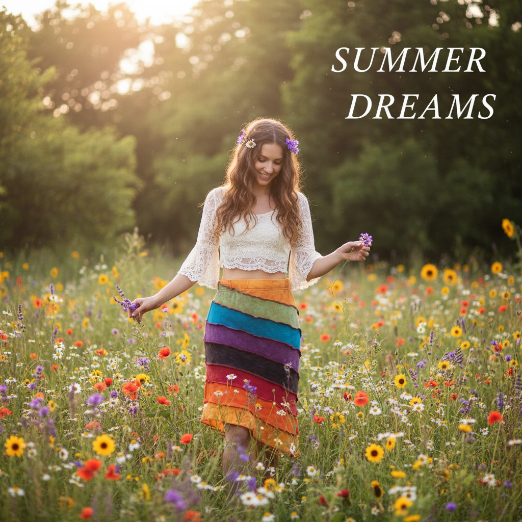 Women Summer Hippie Rainbow Striped Stonewashed Cotton Midi Boho Skirt