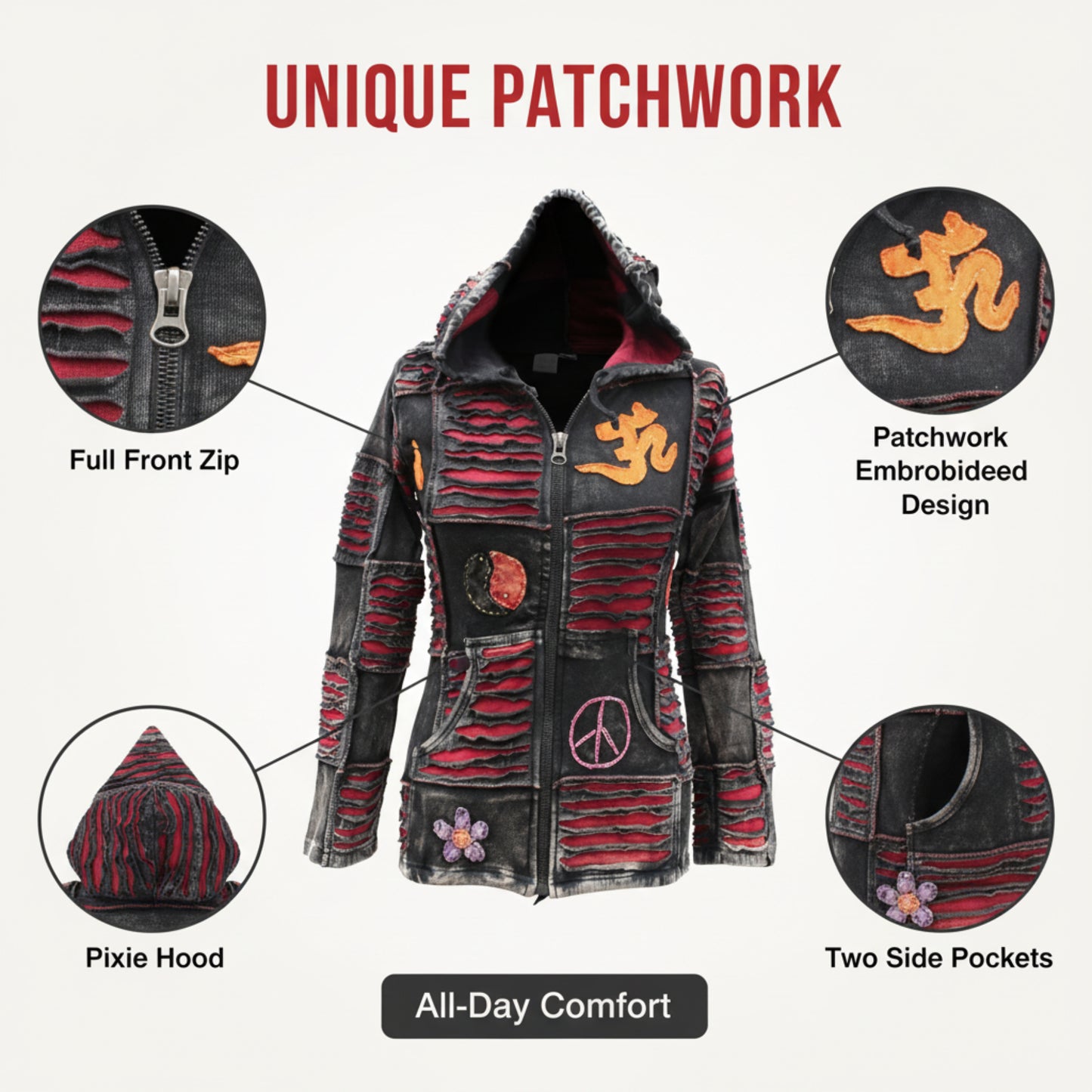 Women Om Peace Pointy Hooded Gothic Style Punk Ladies Ribs Hoodie Outer Jacket