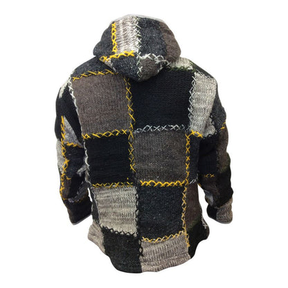 Mens Winter Patch Wool Hippie Jacket, Colourful Hoodie with 2 Pockets and Zipper