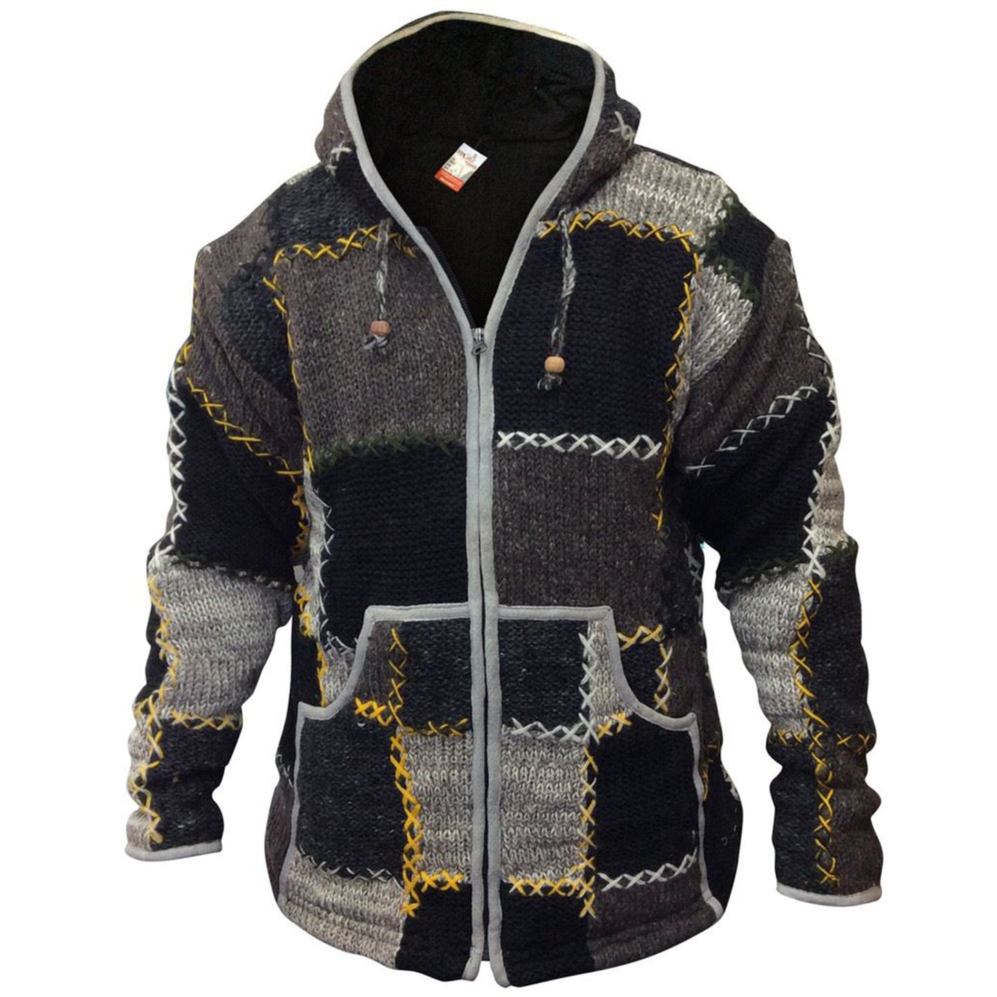Mens Winter Patch Wool Hippie Jacket, Colourful Hoodie with 2 Pockets and Zipper