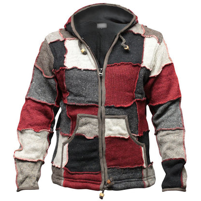 Mens Winter Patch Wool Hippie Jacket, Colourful Hoodie with 2 Pockets and Zipper