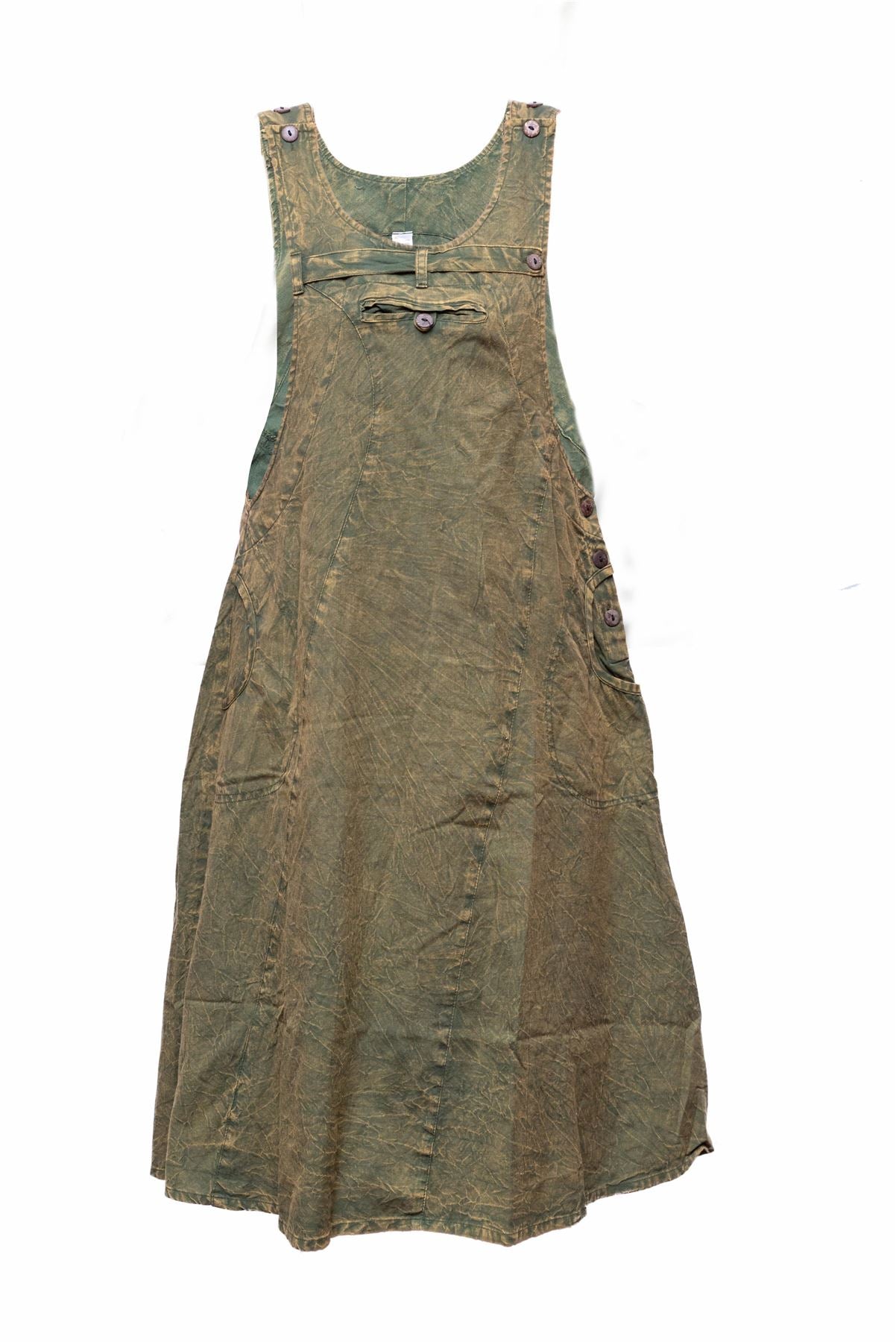 These 100% cotton, stonewashed pinafore dress is a classic design in an everyday styles that work anywhere and is very comfortable and stylish. It features 2 deep pockets and are a regular fit and comfortable to the body. They are very versatile, functional, and comfortable to wear. This lightweight breathable and comfortable pinafore dress with soft fabric can be layered with leggings and long sleeve tops for extra warmth. Available in Green, Orange, Black, Brown
