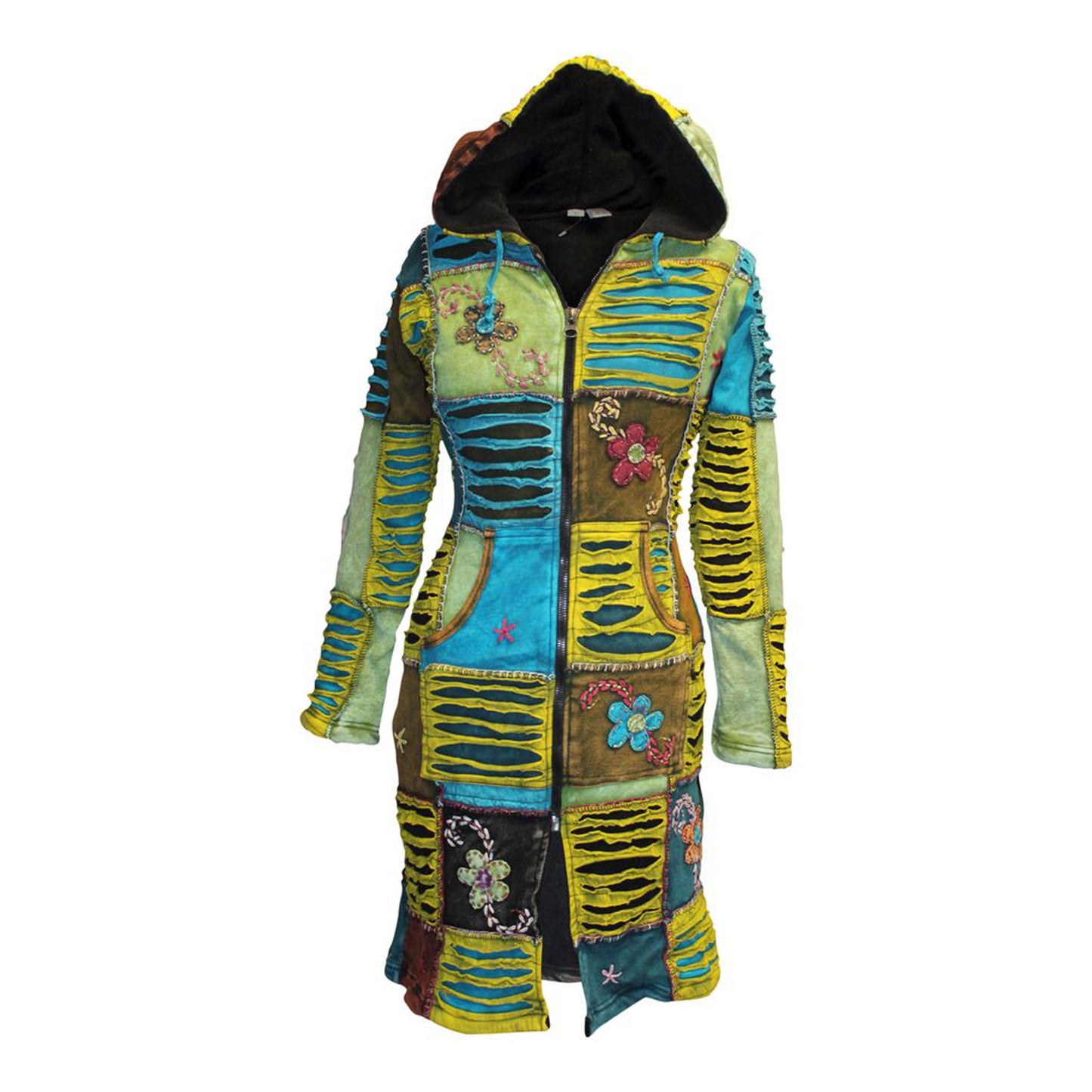 Women's Flower Embroidered Fleece Lined Hippy Jacket Long Over Coat