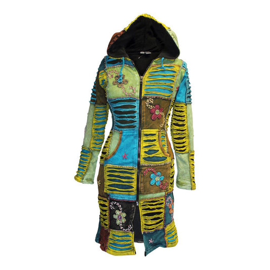 Women's Flower Embroidered Fleece Lined Hippy Jacket Long Over Coat