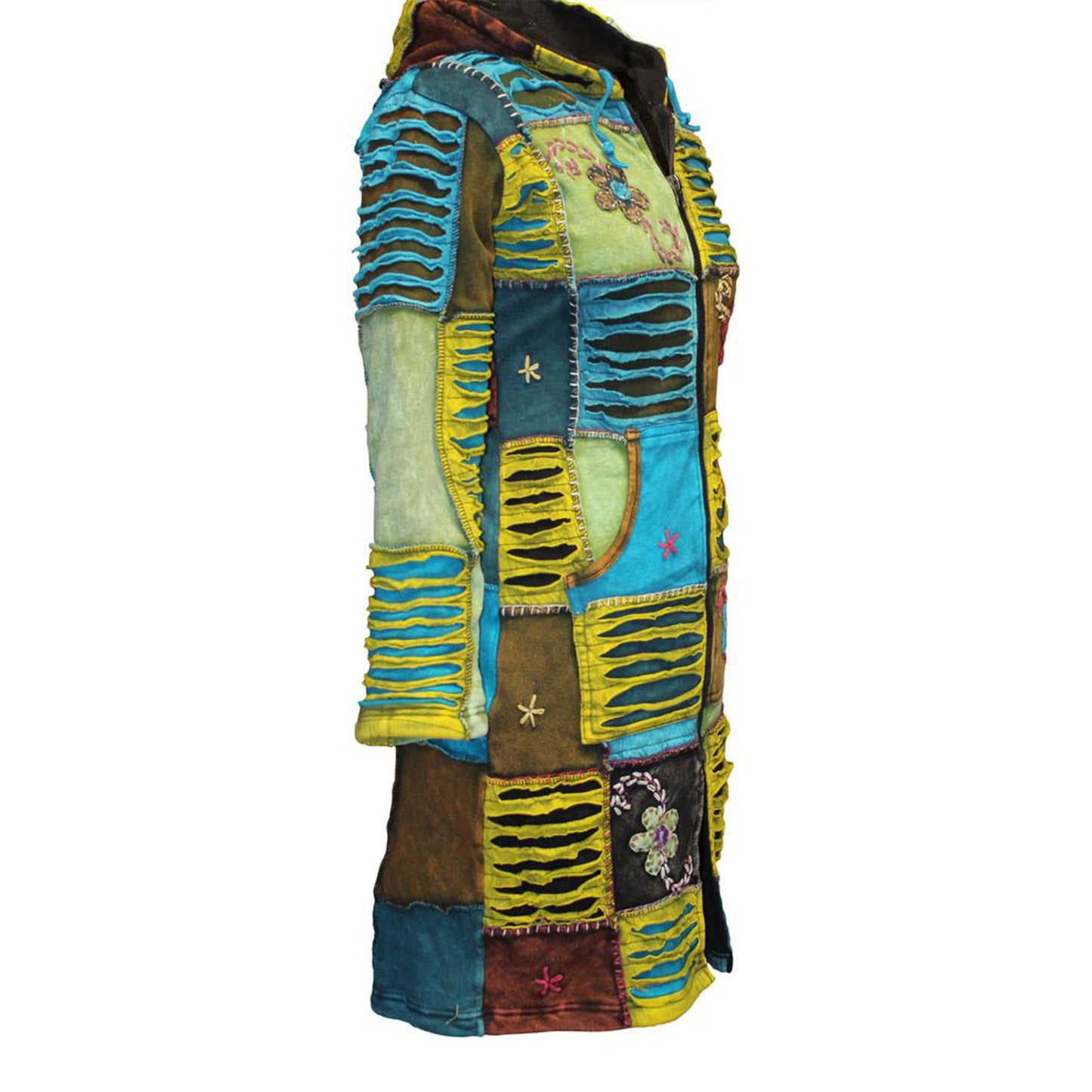 Women's Flower Embroidered Fleece Lined Hippy Jacket Long Over Coat