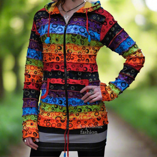 Women's Rainbow Multicoloured Bubble Print Cotton Hippie Hoodie Jacket