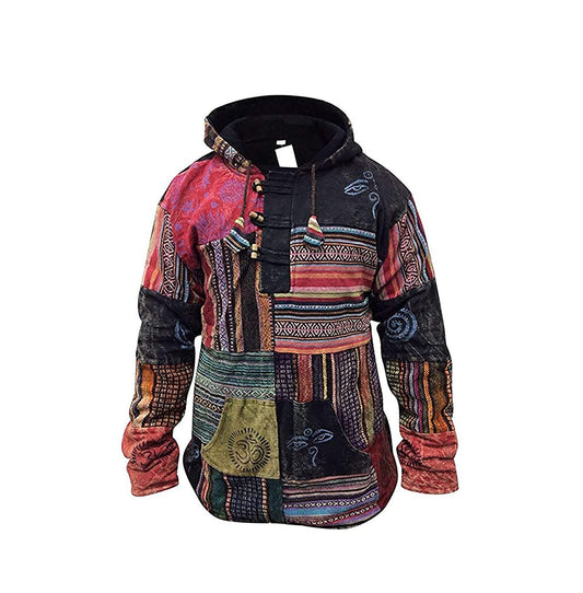 Mens Patchwork Fleece Hood Jacket, Nepalese Hand Made Cotton Pullover Sweatshirt