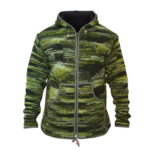Tie Dye Hooded Wool Jacket, Fleece Lined Long Sleeve Full Zip Hoodie Hippie Sweater for Men
