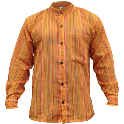 Men's Stripe Grandad Shirt Handloom Cotton Long Sleeve Hippie Band Collar Top