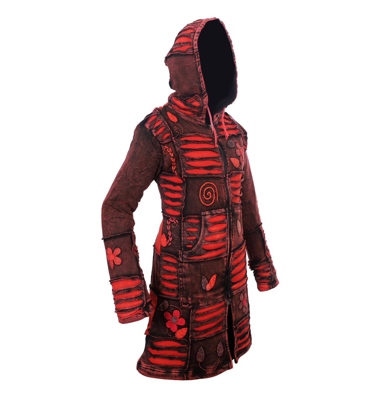 Women's Razor Cut Floral Jacket Acidwashed Red Knee Length Hippie Long Coat Zip Up Hoodie