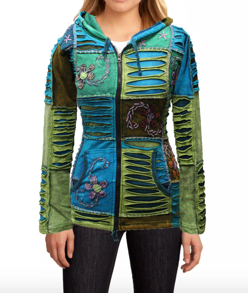 Women Flower Embroidery Razor Cut Pixie Hooded Jacket