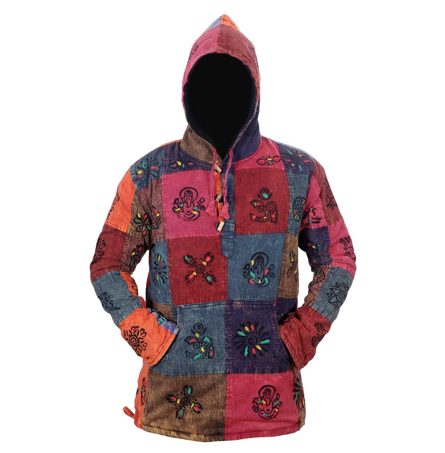 Men's Sun Symbol Patchwork Hooded Shirt