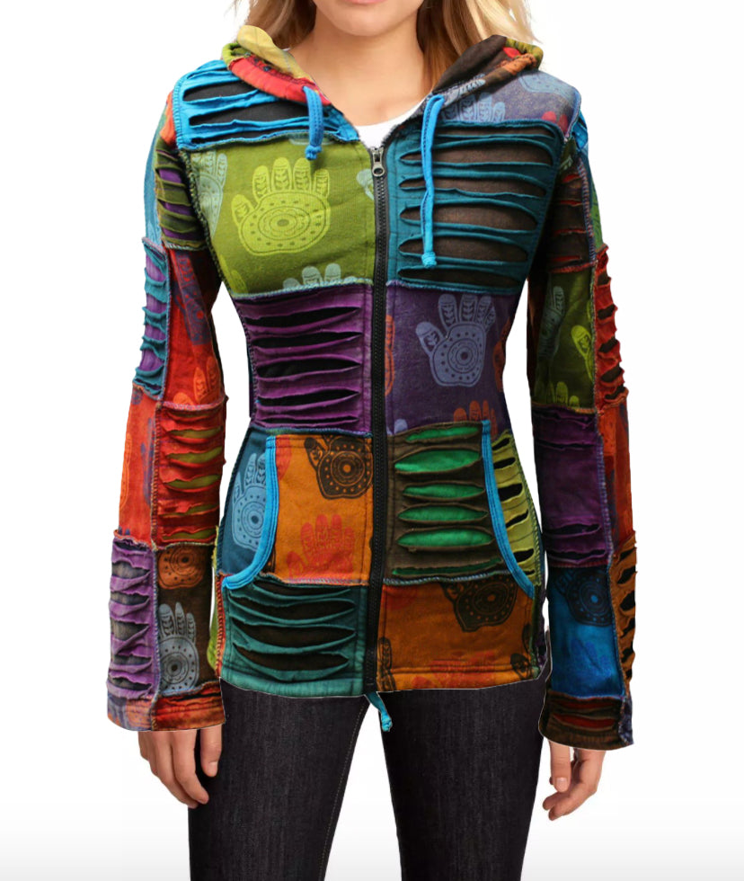 Women's Henna Hand Pixie Hippie Rib Comfort Hoodie – Boho Zip-Up Hoodie for Women